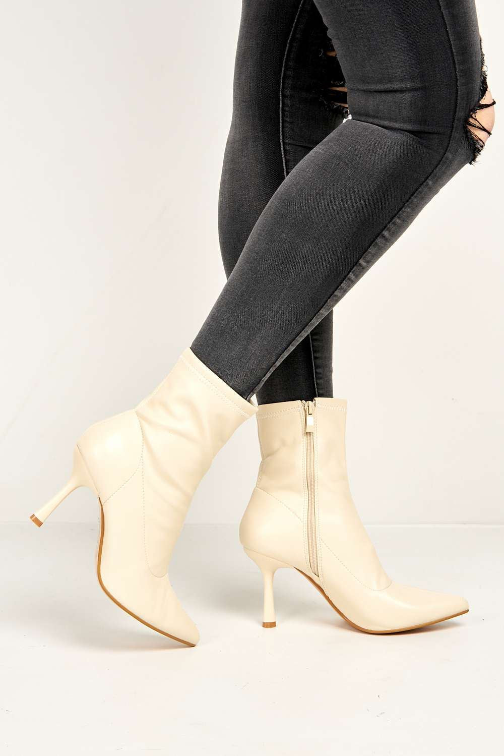 Aayat Pointed Toe Heeled Boots in Beige