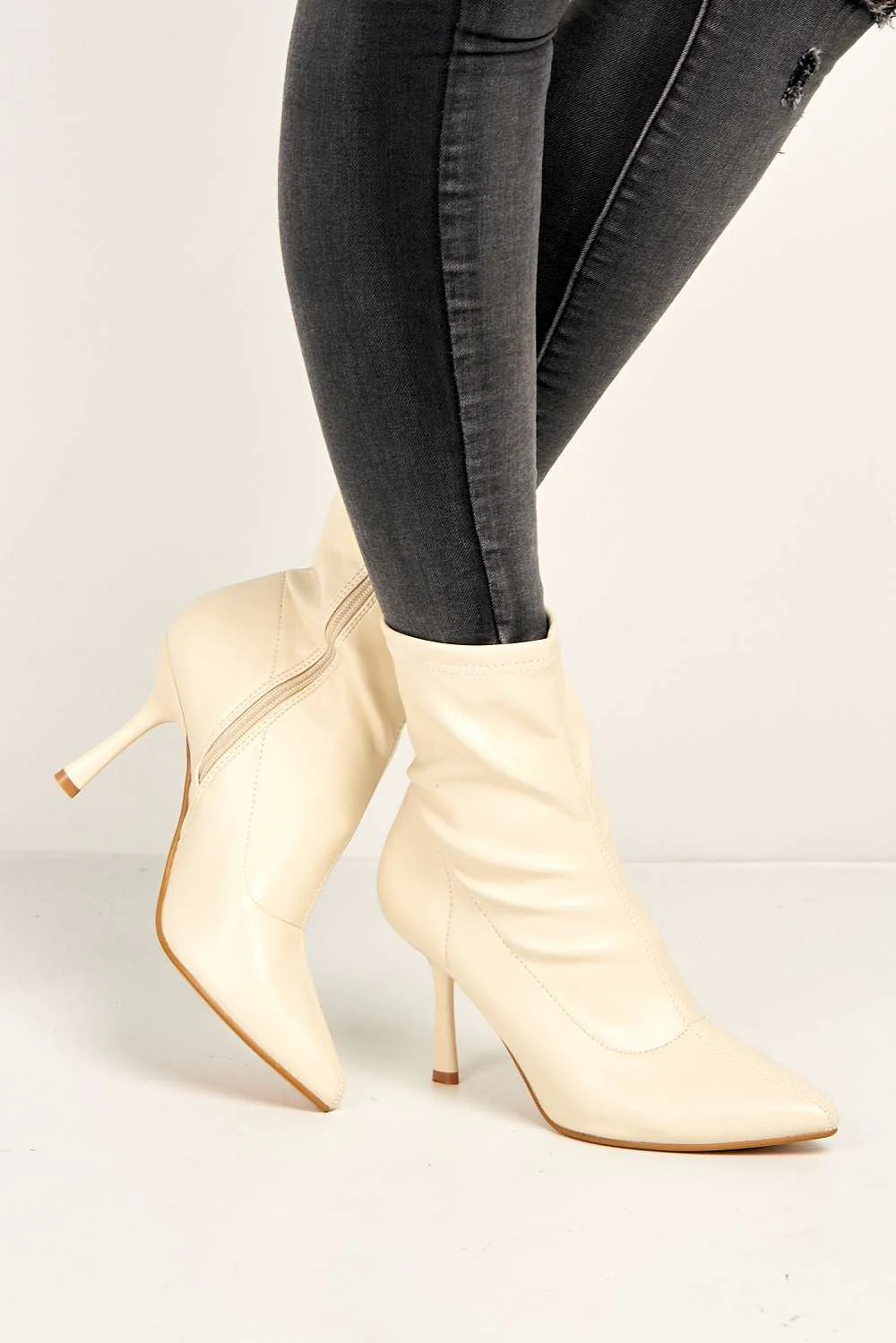 Aayat Pointed Toe Heeled Boots in Beige - Image 3