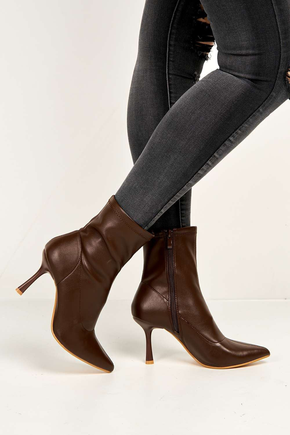 Aayat Pointed Toe Heeled Boots in Brown - Image 3