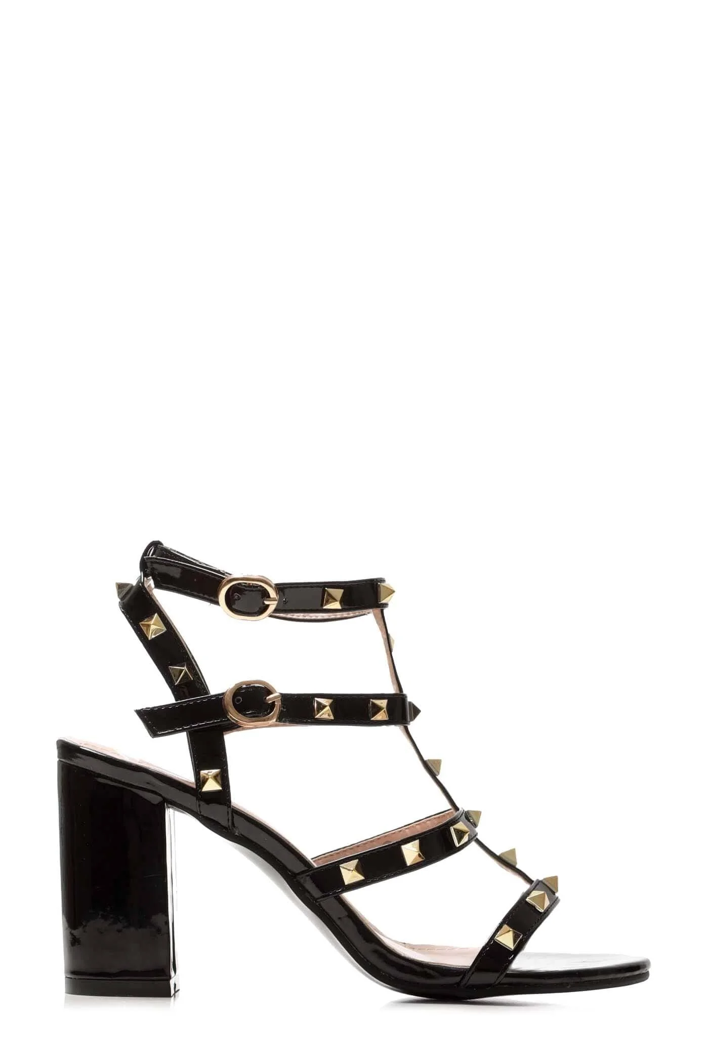 Abigail Studded Strappy Block Heel Sandal in Black Patent - Image 4