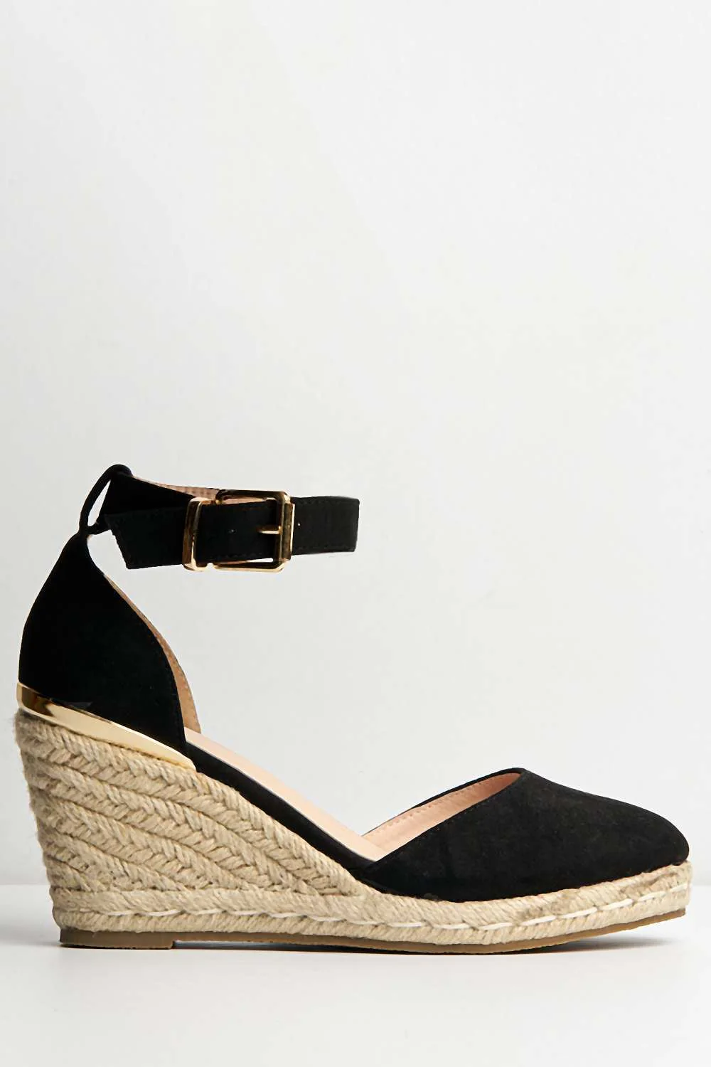 Adara Round Toe Espadrille Wedge with Anklestrap & Gold Buckle in Black Suede - Image 5