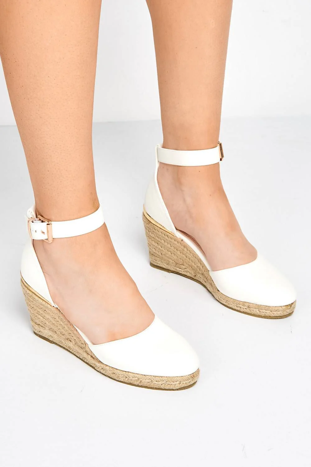 Adara Round Toe Espadrille Wedge with Anklestrap & Gold Buckle in White Matt - Image 2
