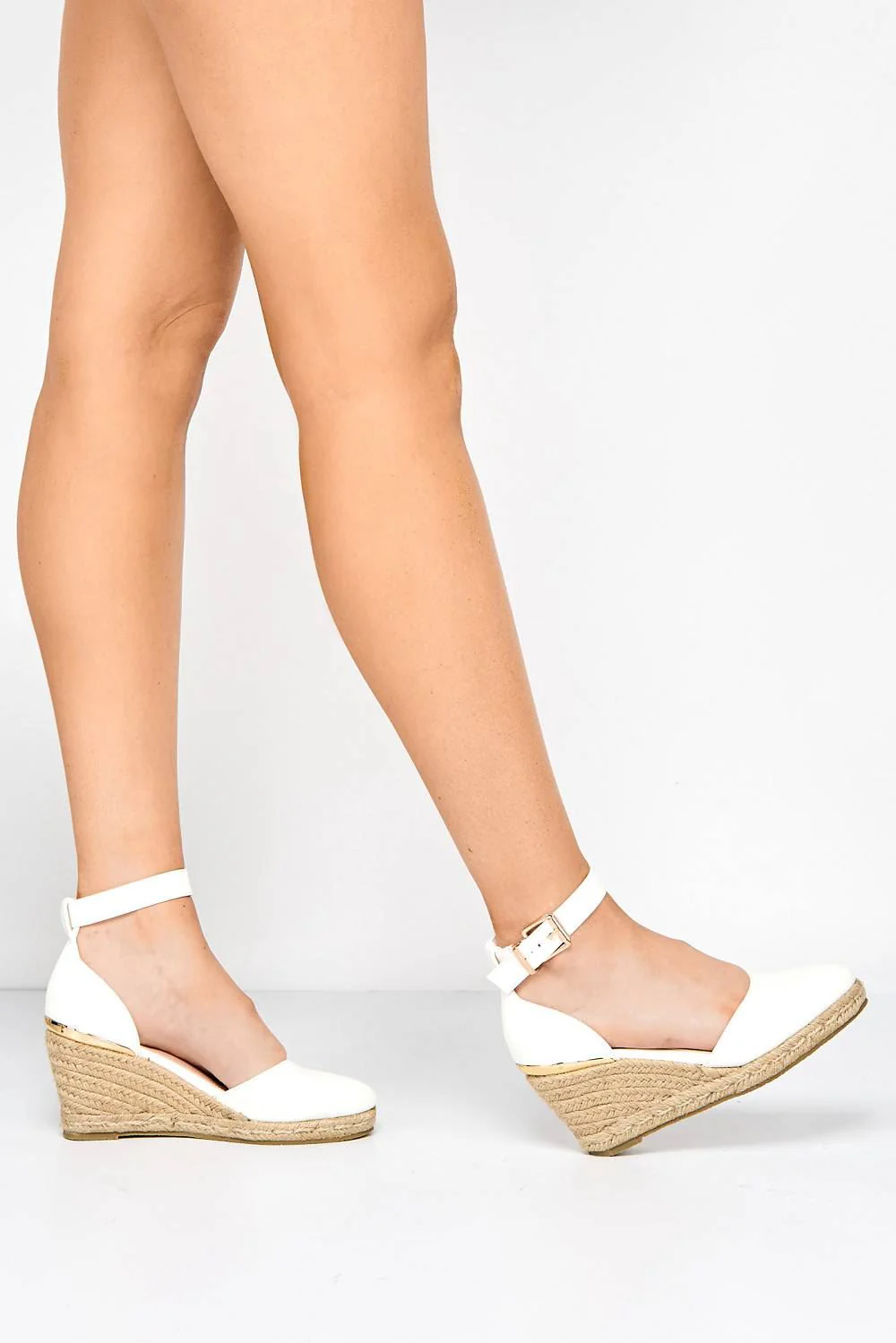 Adara Round Toe Espadrille Wedge with Anklestrap & Gold Buckle in White Matt - Image 3