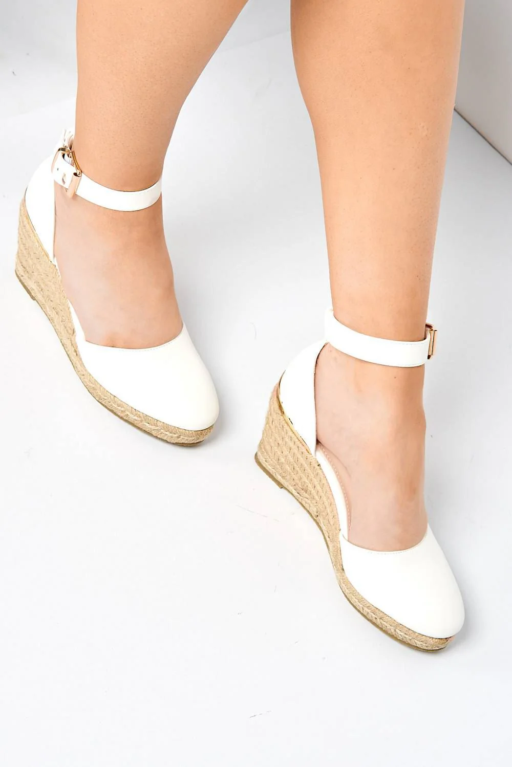 Adara Round Toe Espadrille Wedge with Anklestrap & Gold Buckle in White Matt - Image 4