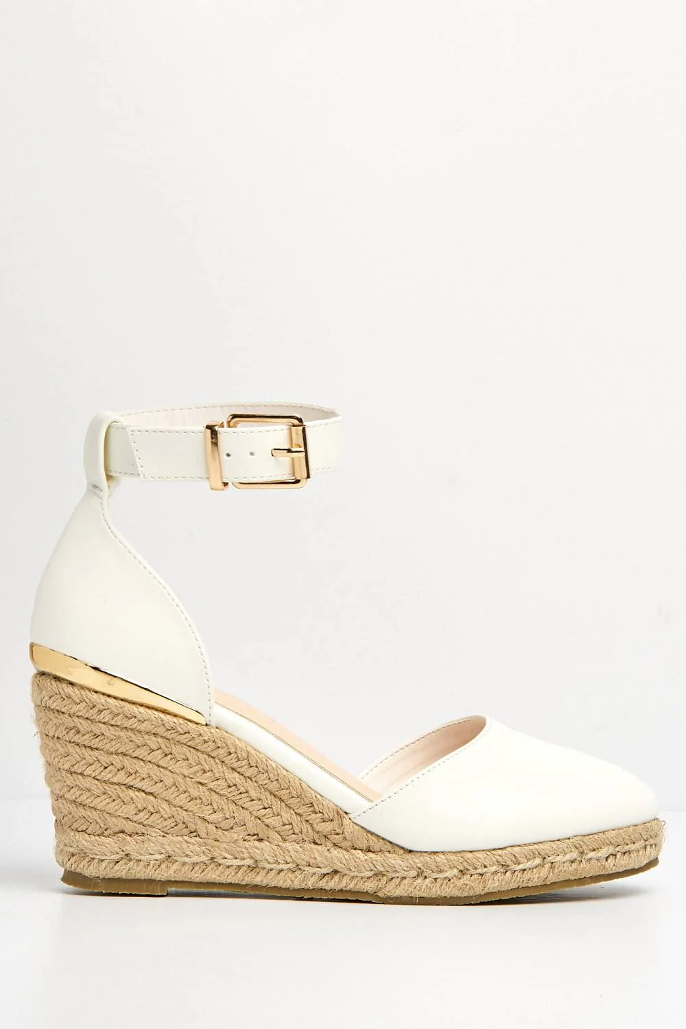 Adara Round Toe Espadrille Wedge with Anklestrap & Gold Buckle in White Matt - Image 5