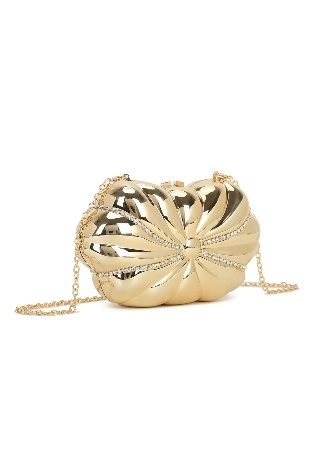 Adelina Diamante Detailing Metallic Flower Shape Clutch in Gold