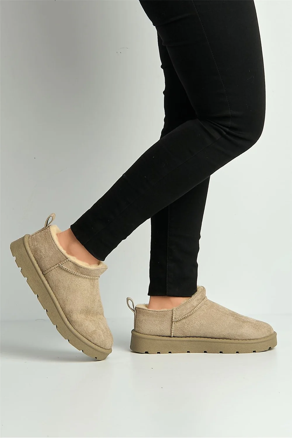 Adeline Low Cut Flatform Faux Fur Ankle Boots in Mushroom - Image 2