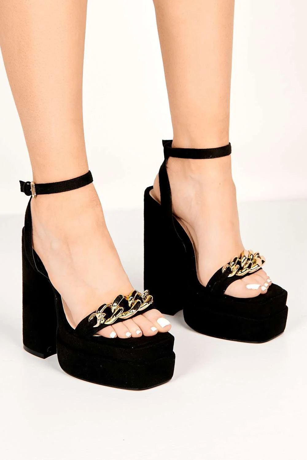 Aden Chain Detail Band Platform Block Heel Sandal in Black Suede - Image 2