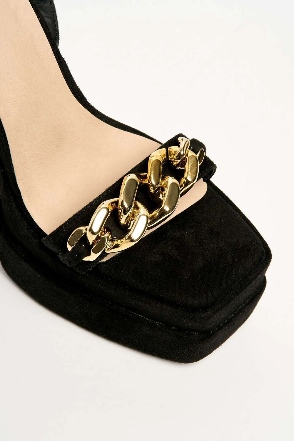 Aden Chain Detail Band Platform Block Heel Sandal in Black Suede - Image 5