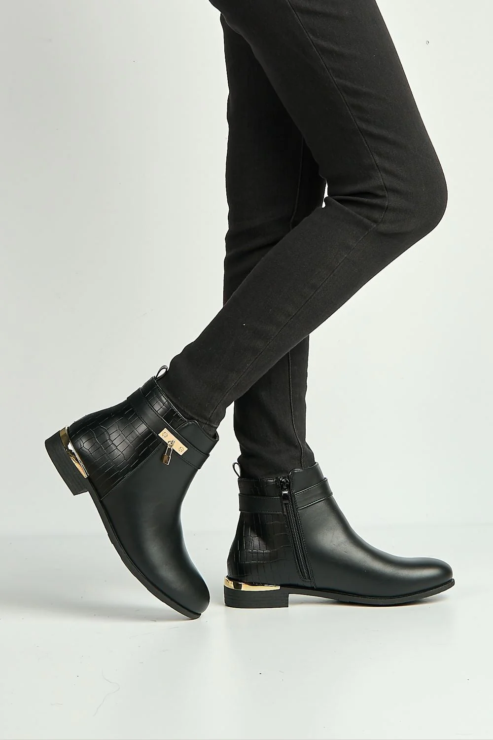 Adessa Gold Lock Detail Ankle Boots in Black