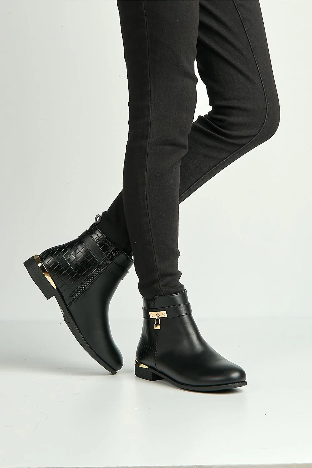 Adessa Gold Lock Detail Ankle Boots in Black - Image 2