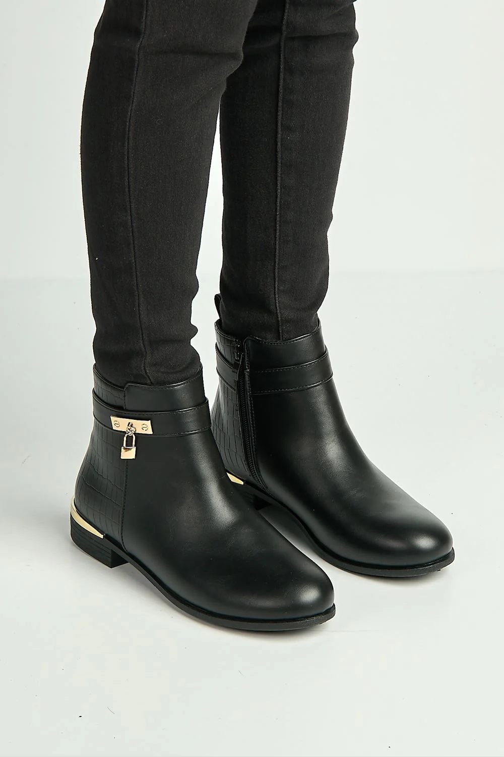 Adessa Gold Lock Detail Ankle Boots in Black - Image 3