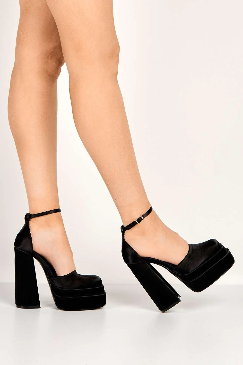 Adiana Platform Anklestrap Block Heels in Black Satin - Image 2