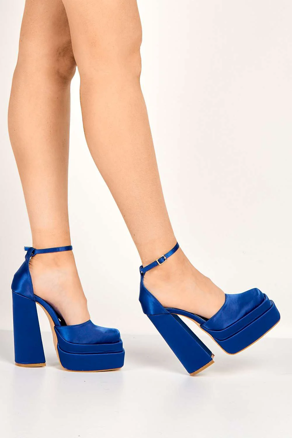 Adiana Platform Anklestrap Block Heels in Blue Satin