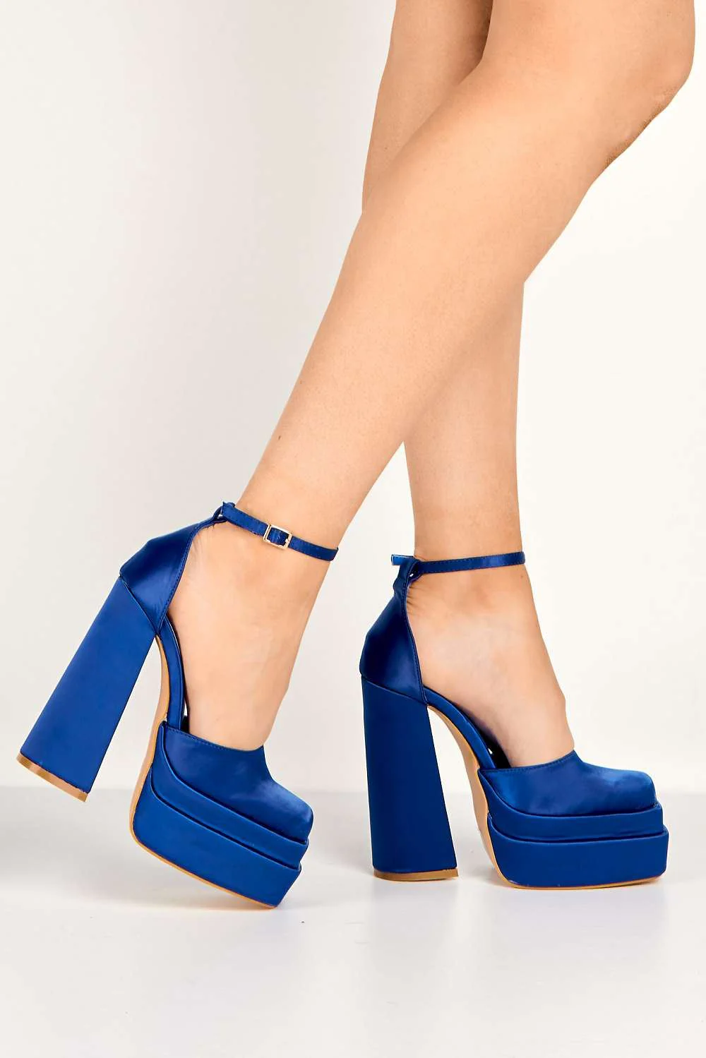 Adiana Platform Anklestrap Block Heels in Blue Satin - Image 3