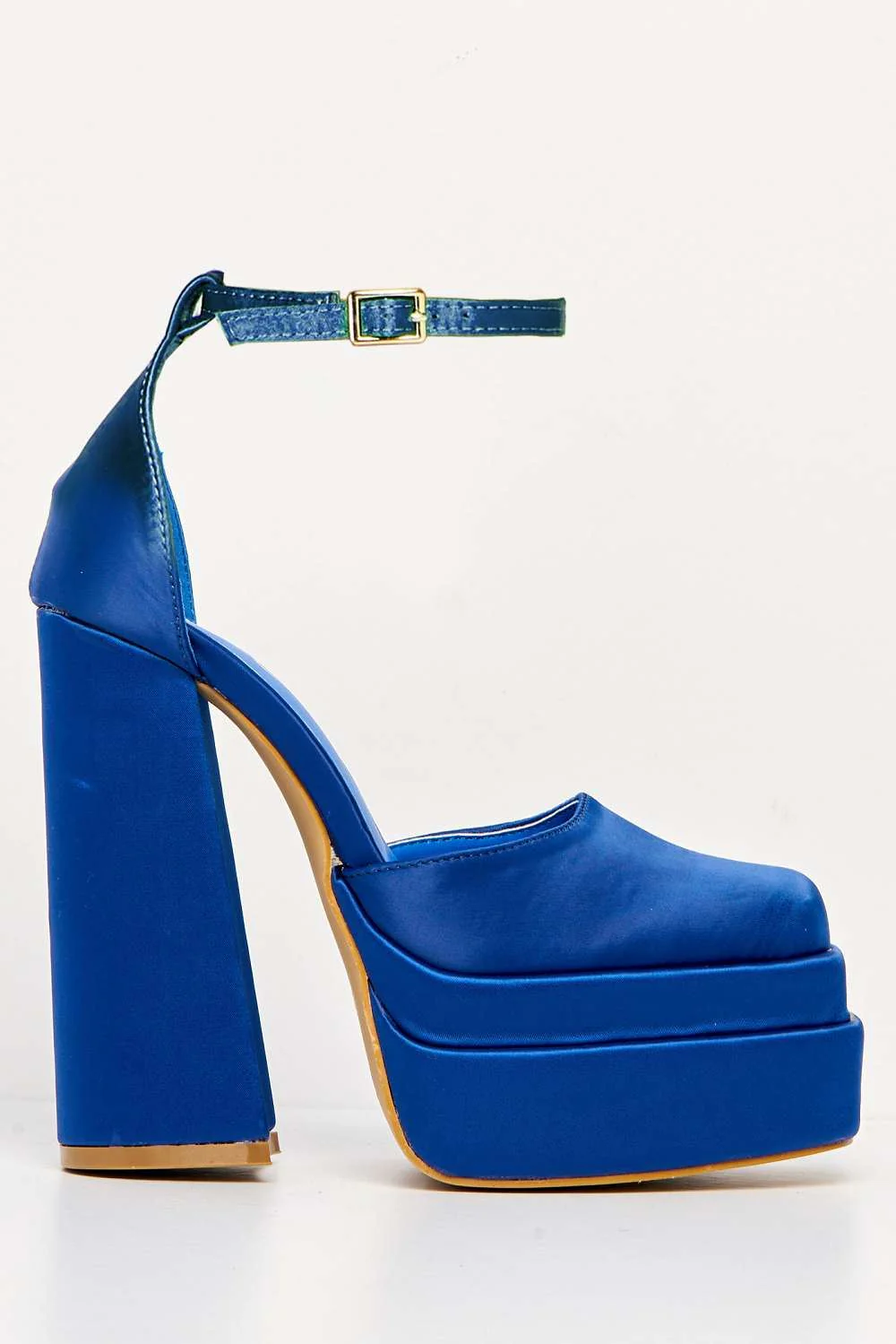 Adiana Platform Anklestrap Block Heels in Blue Satin - Image 4