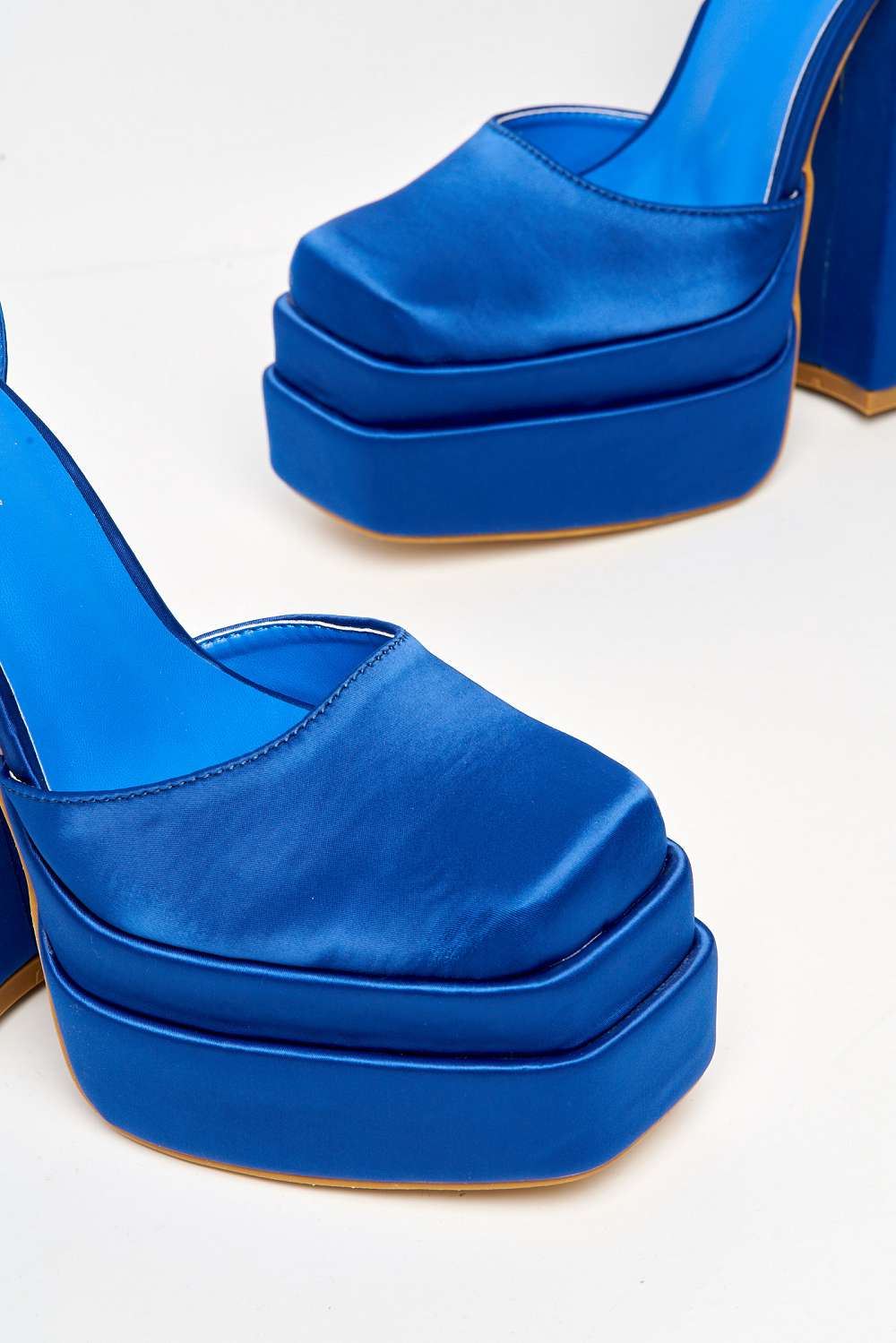 Adiana Platform Anklestrap Block Heels in Blue Satin - Image 5