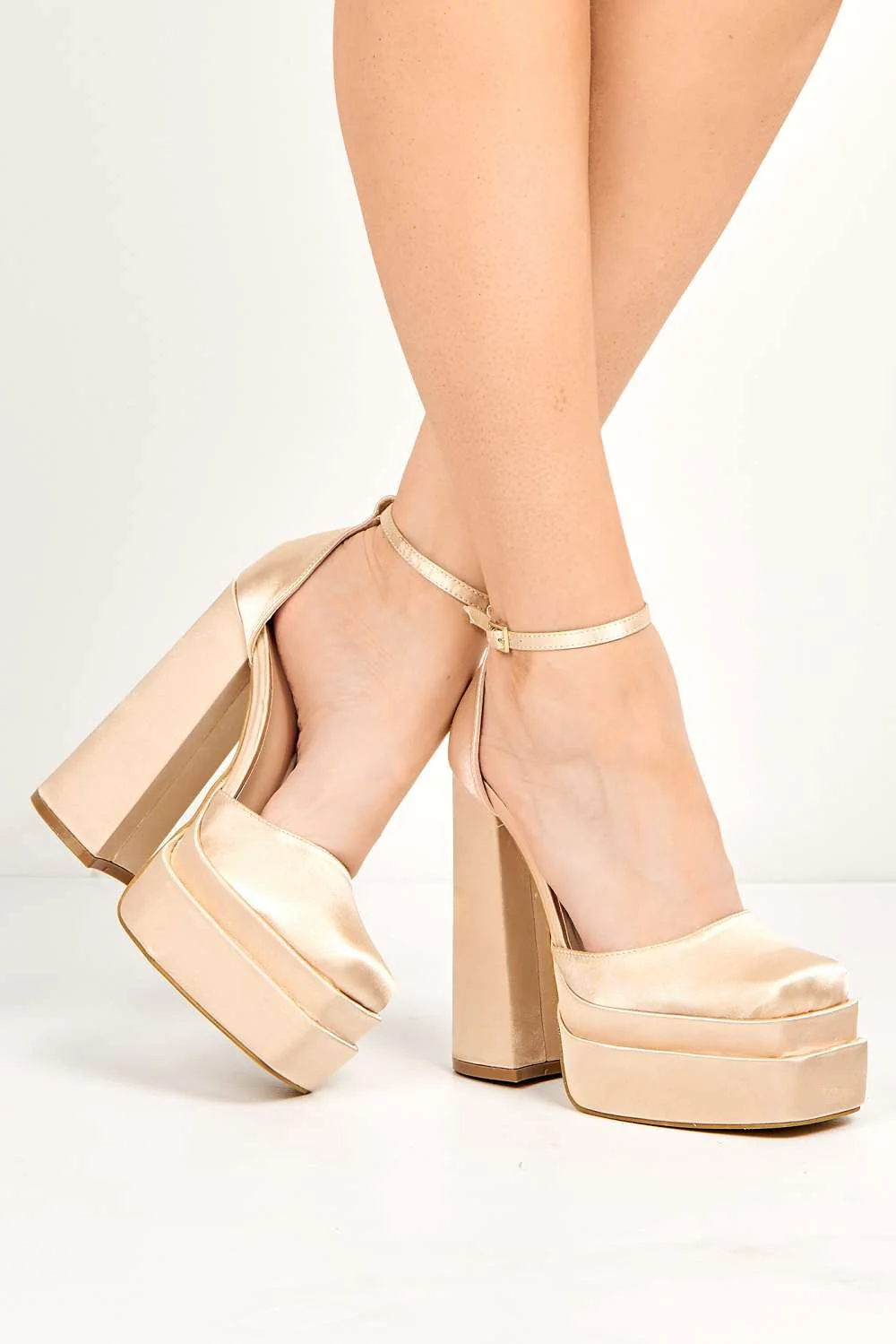 Adiana Platform Anklestrap Block Heels in Champagne Satin - Image 2