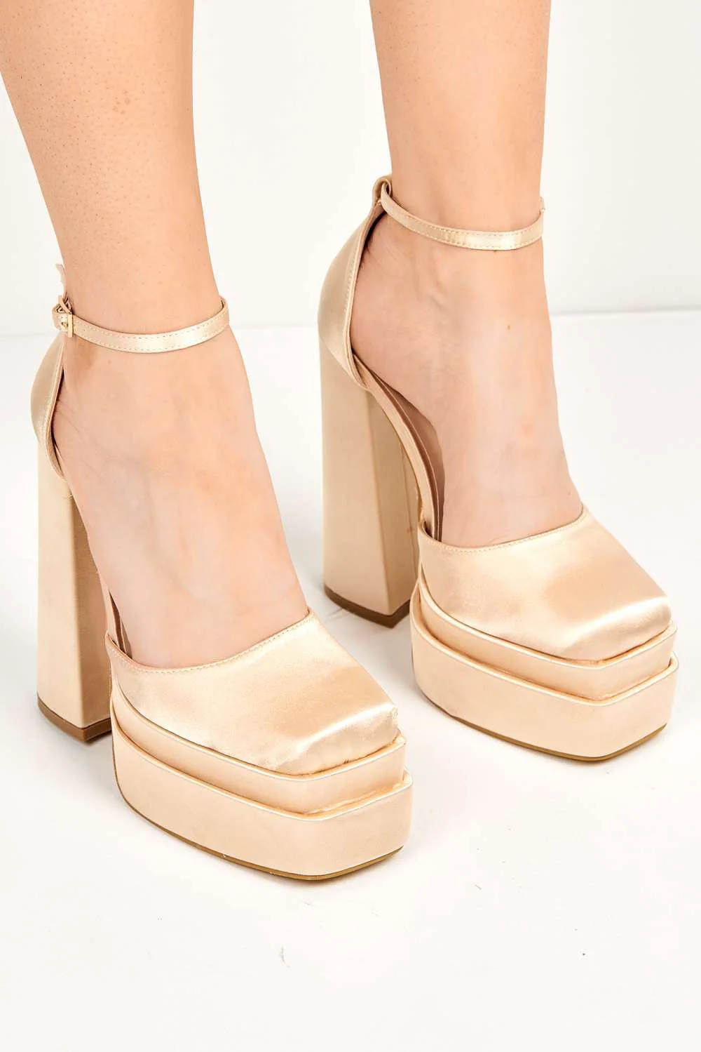 Adiana Platform Anklestrap Block Heels in Champagne Satin - Image 3