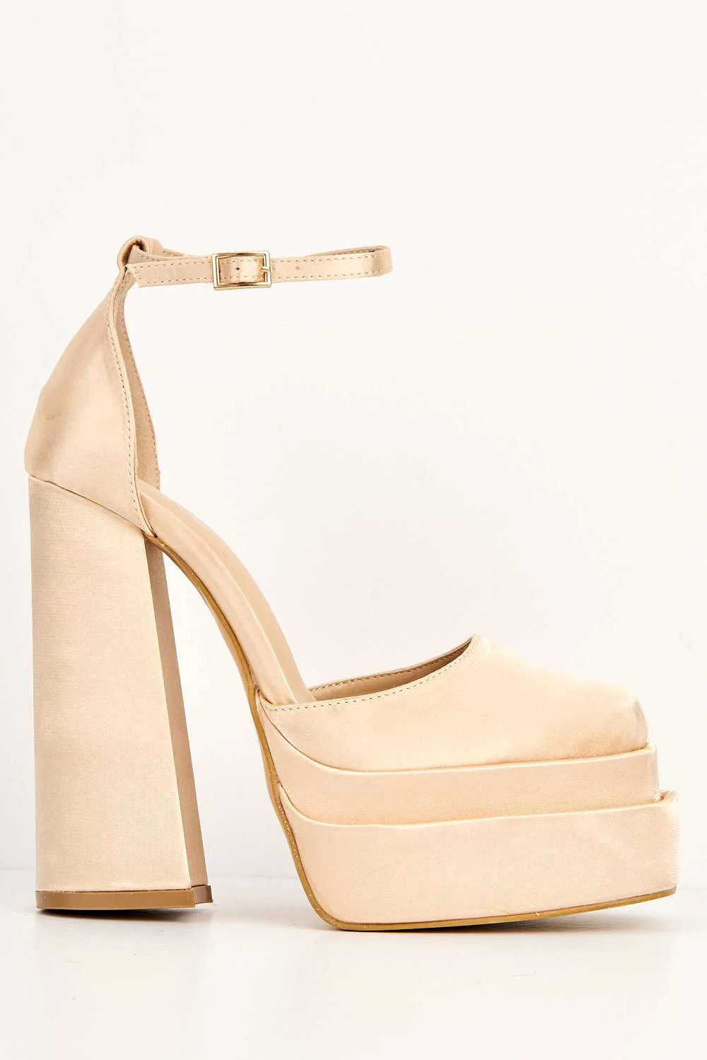Adiana Platform Anklestrap Block Heels in Champagne Satin - Image 4