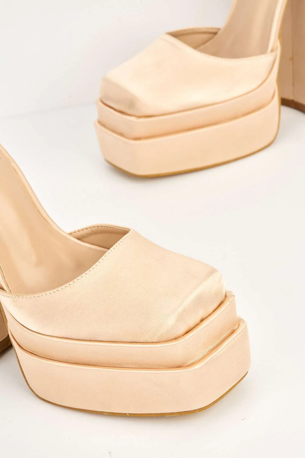 Adiana Platform Anklestrap Block Heels in Champagne Satin - Image 5