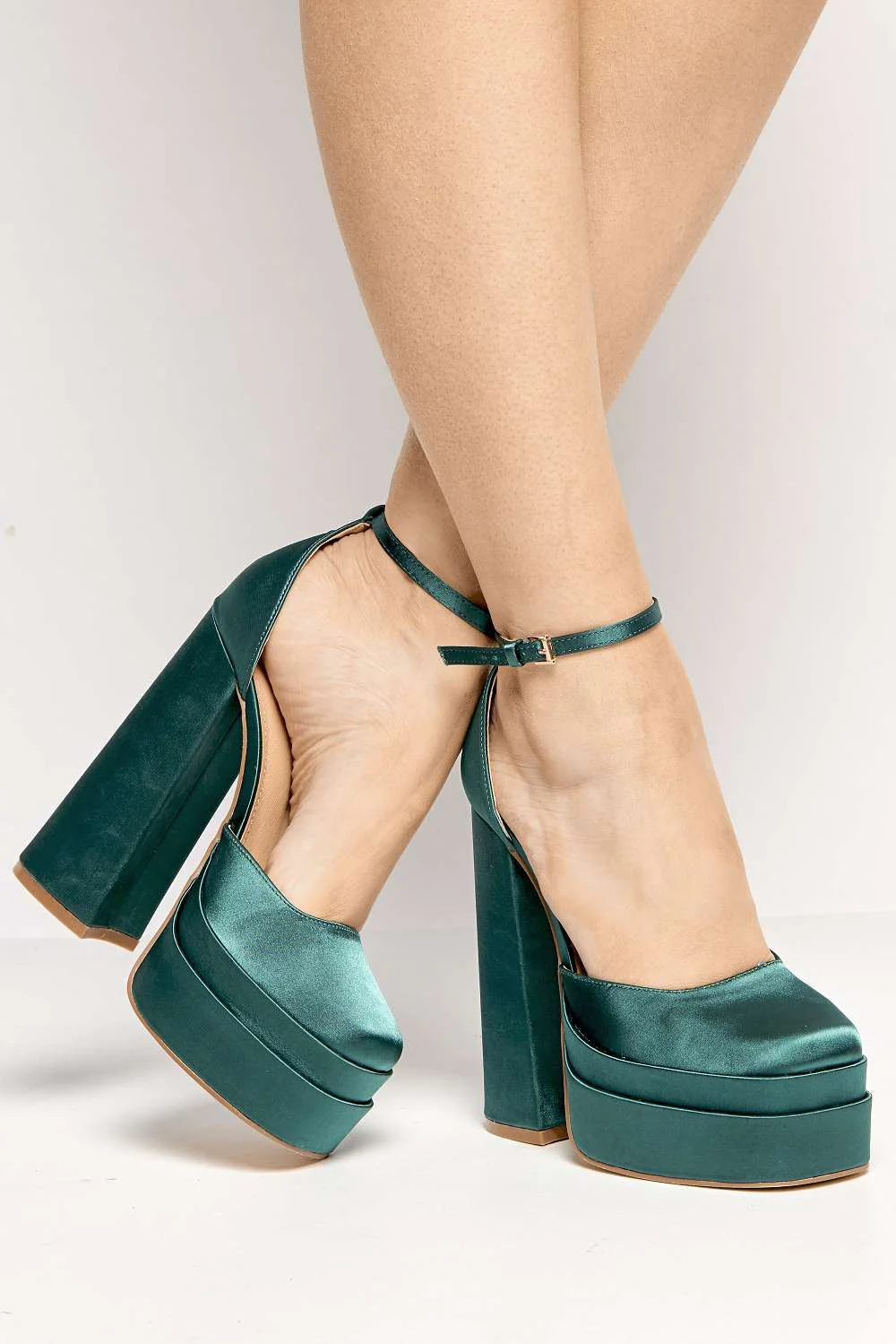 Adiana Platform Anklestrap Block Heels in Dark Green Satin - Image 2