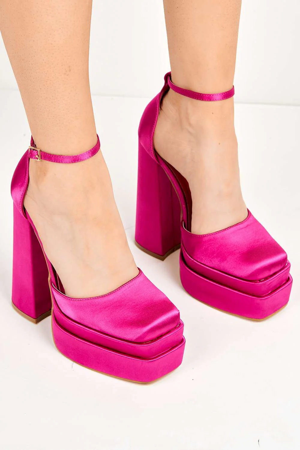 Adiana Platform Anklestrap Block Heels in Fuchsia Satin - Image 2