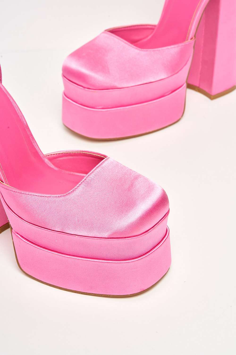 Adiana Platform Anklestrap Block Heels in Pink Satin - Image 5