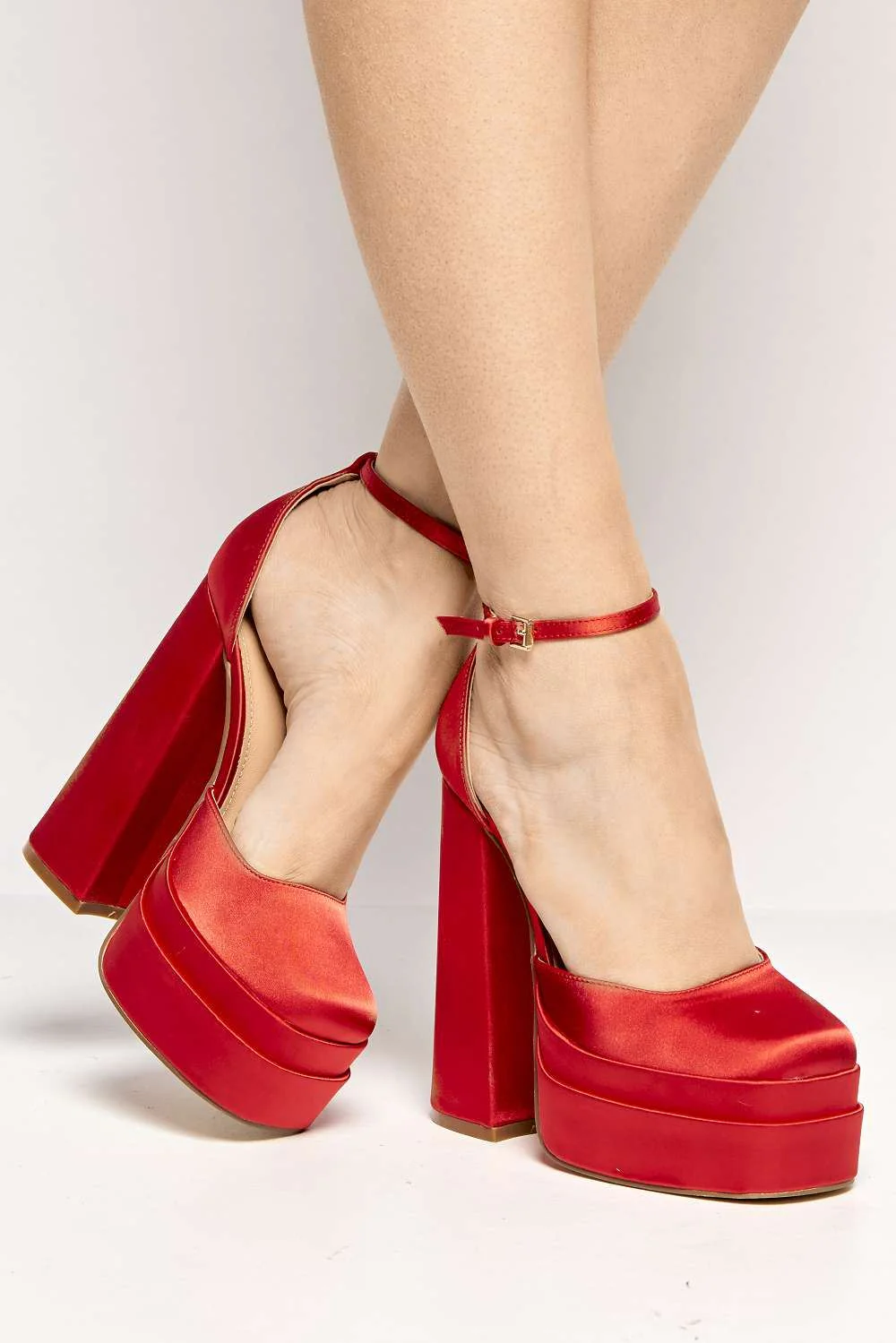 Adiana Platform Anklestrap Block Heels in Red Satin