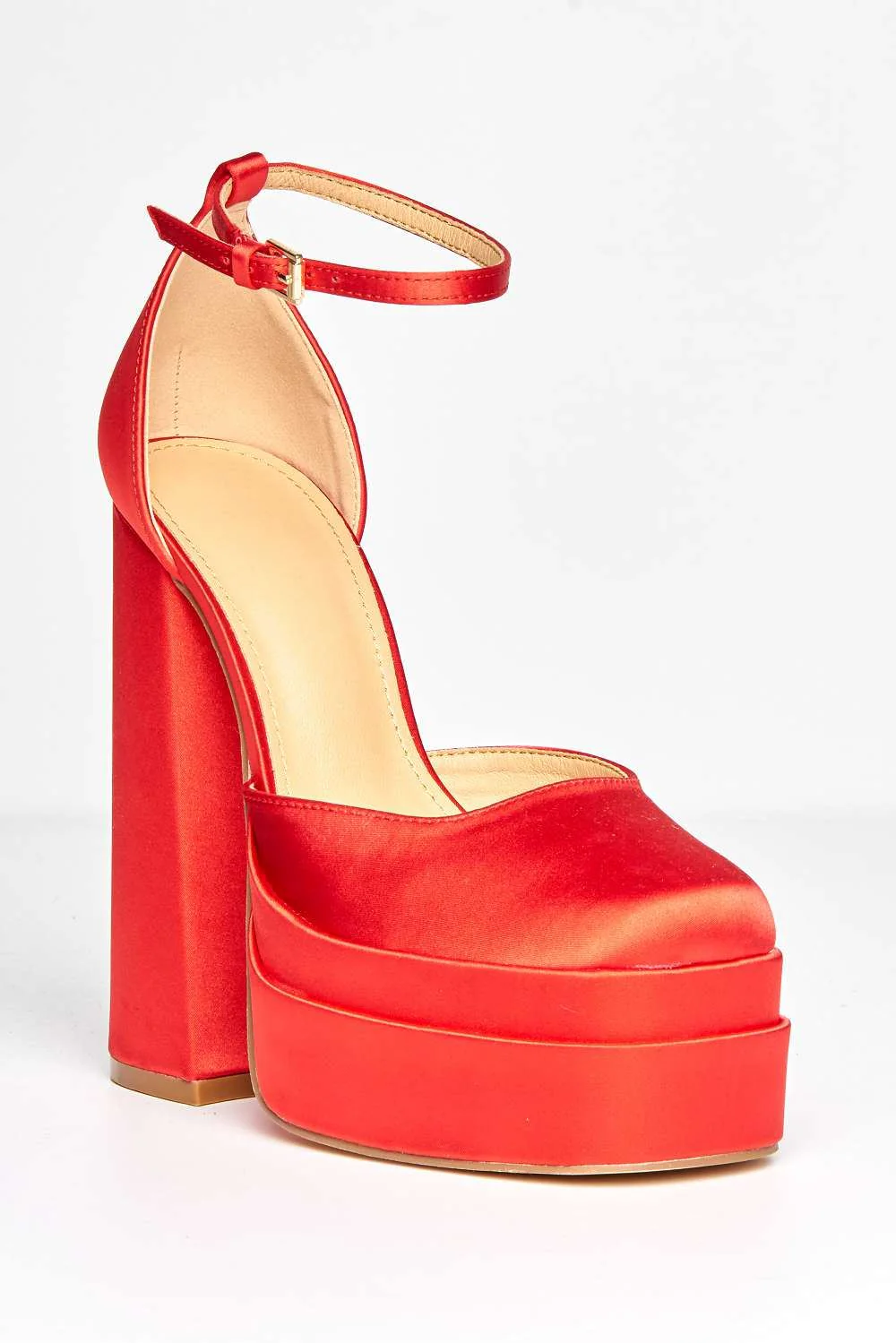 Adiana Platform Anklestrap Block Heels in Red Satin - Image 4