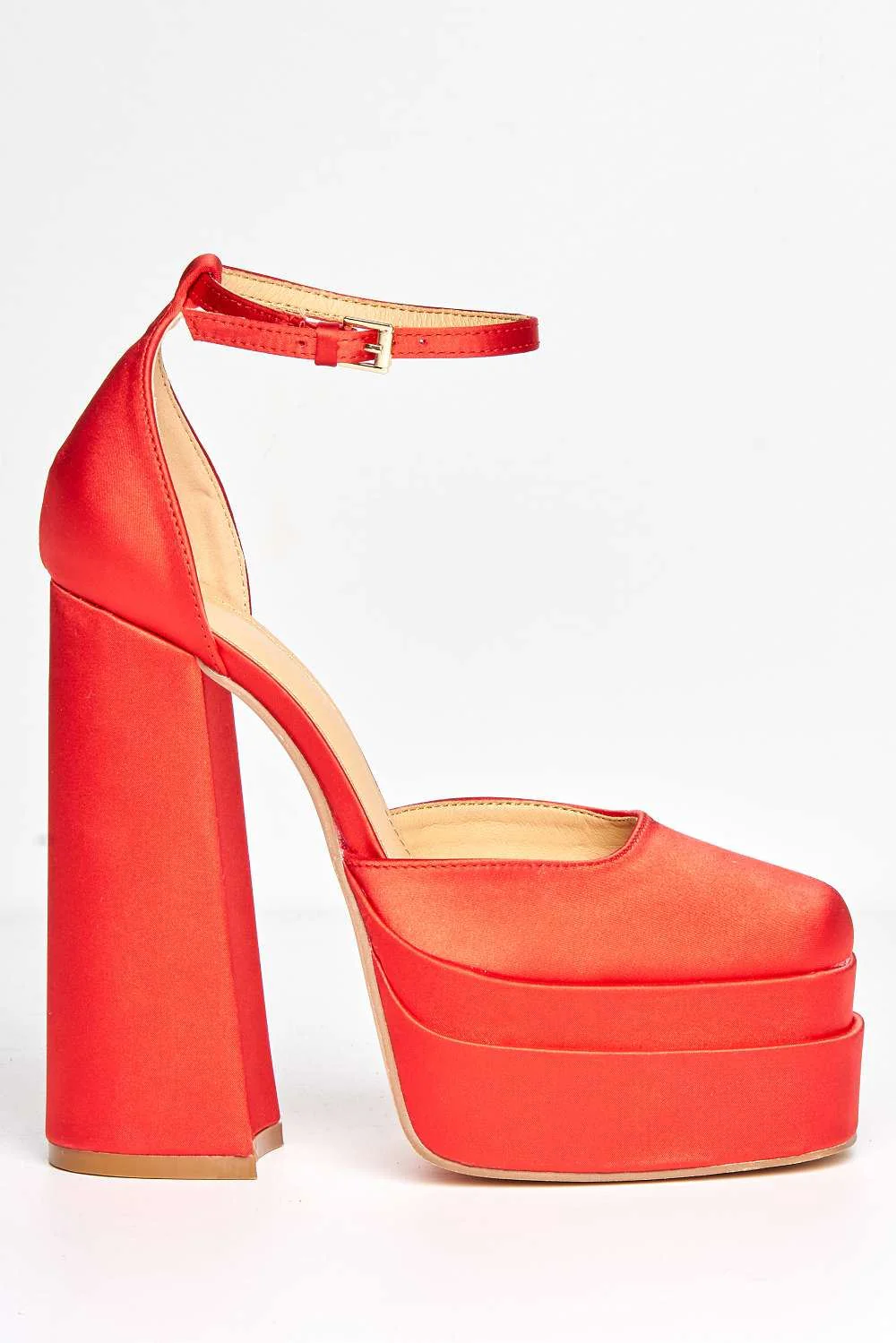 Adiana Platform Anklestrap Block Heels in Red Satin - Image 5