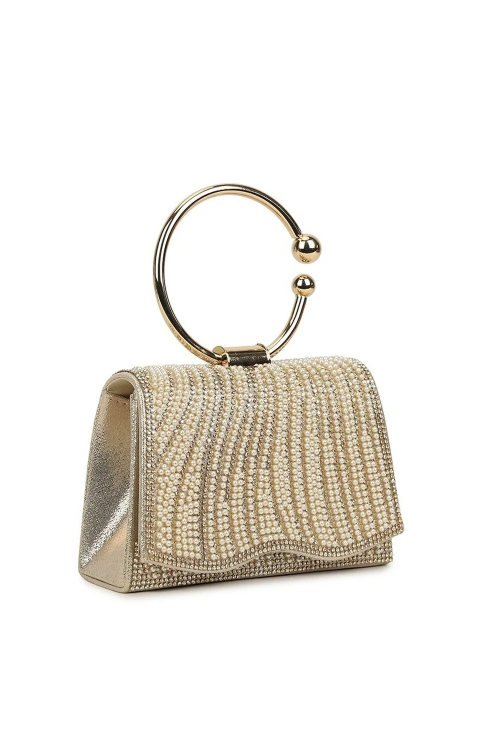 Adina Diamante & Pearl Bag with Ring Handle in Gold
