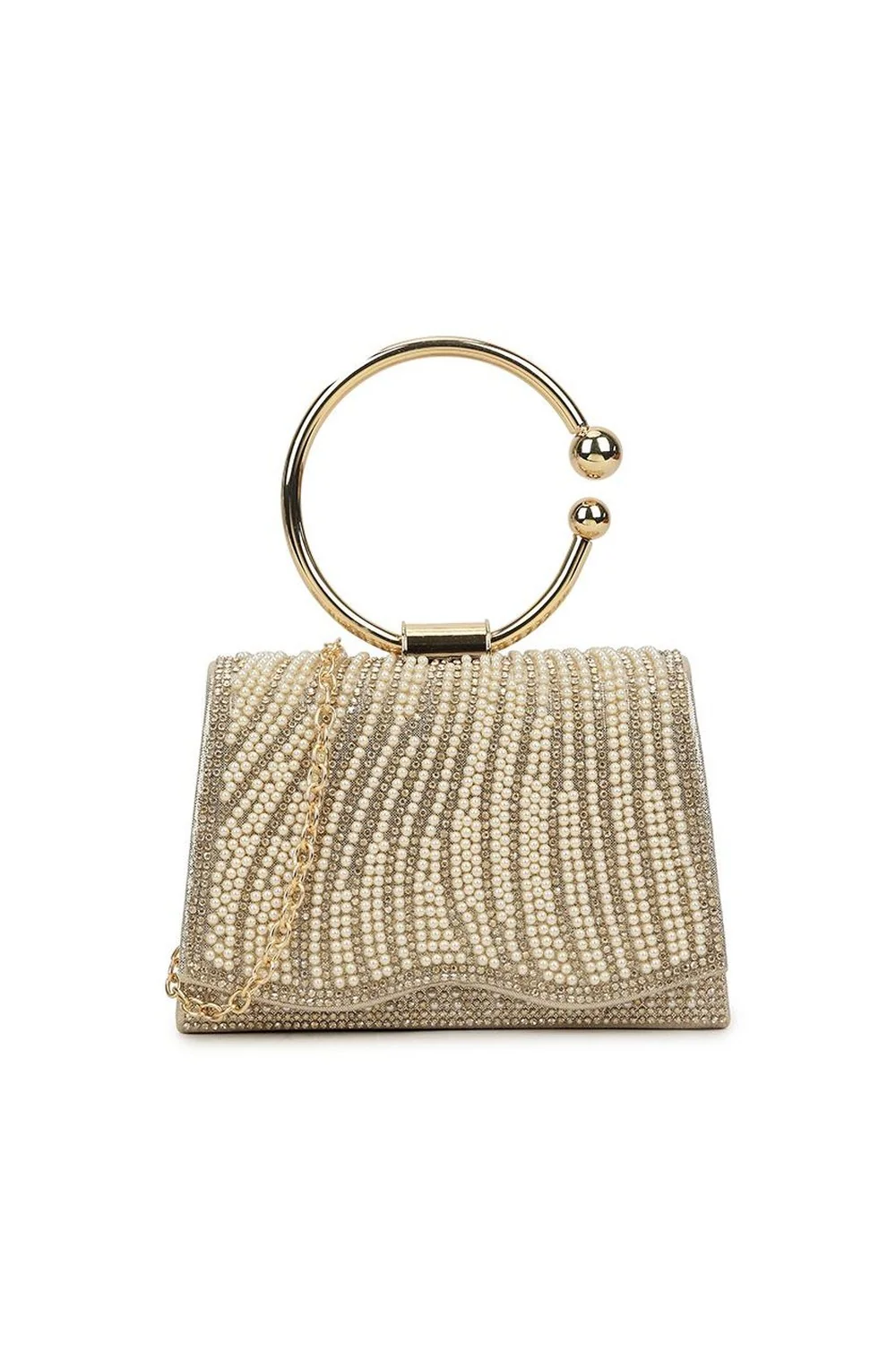 Adina Diamante & Pearl Bag with Ring Handle in Gold - Image 2
