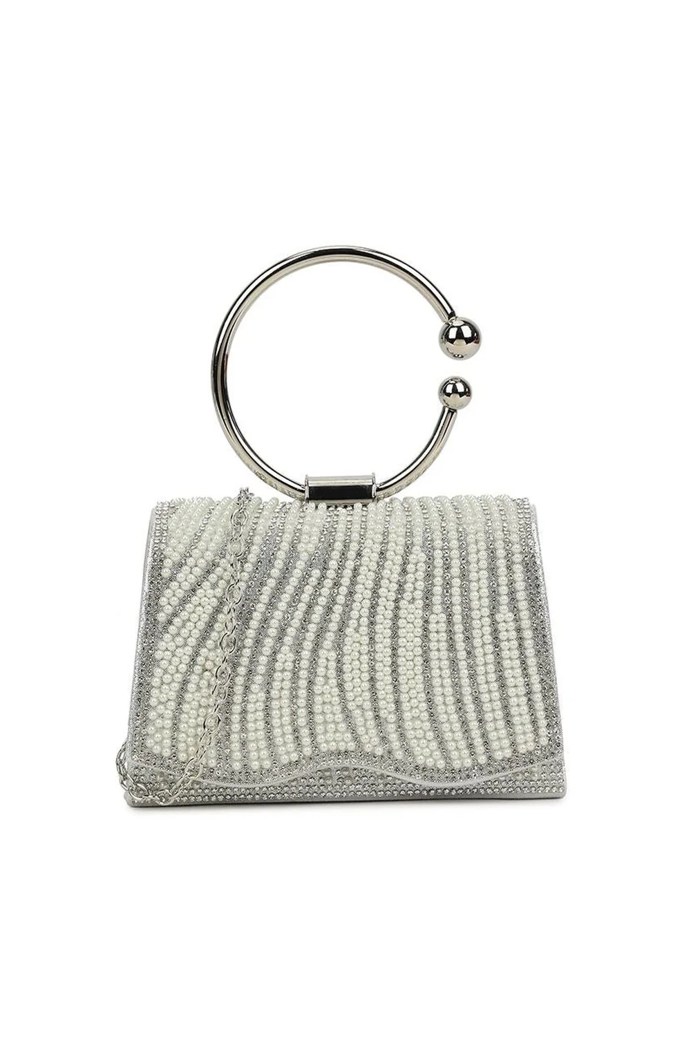 Adina Diamante & Pearl Bag with Ring Handle in Silver