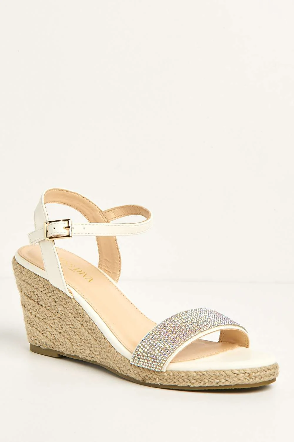 Adriel Diamante Embellished Band Anklestrap Wedges in White - Image 4