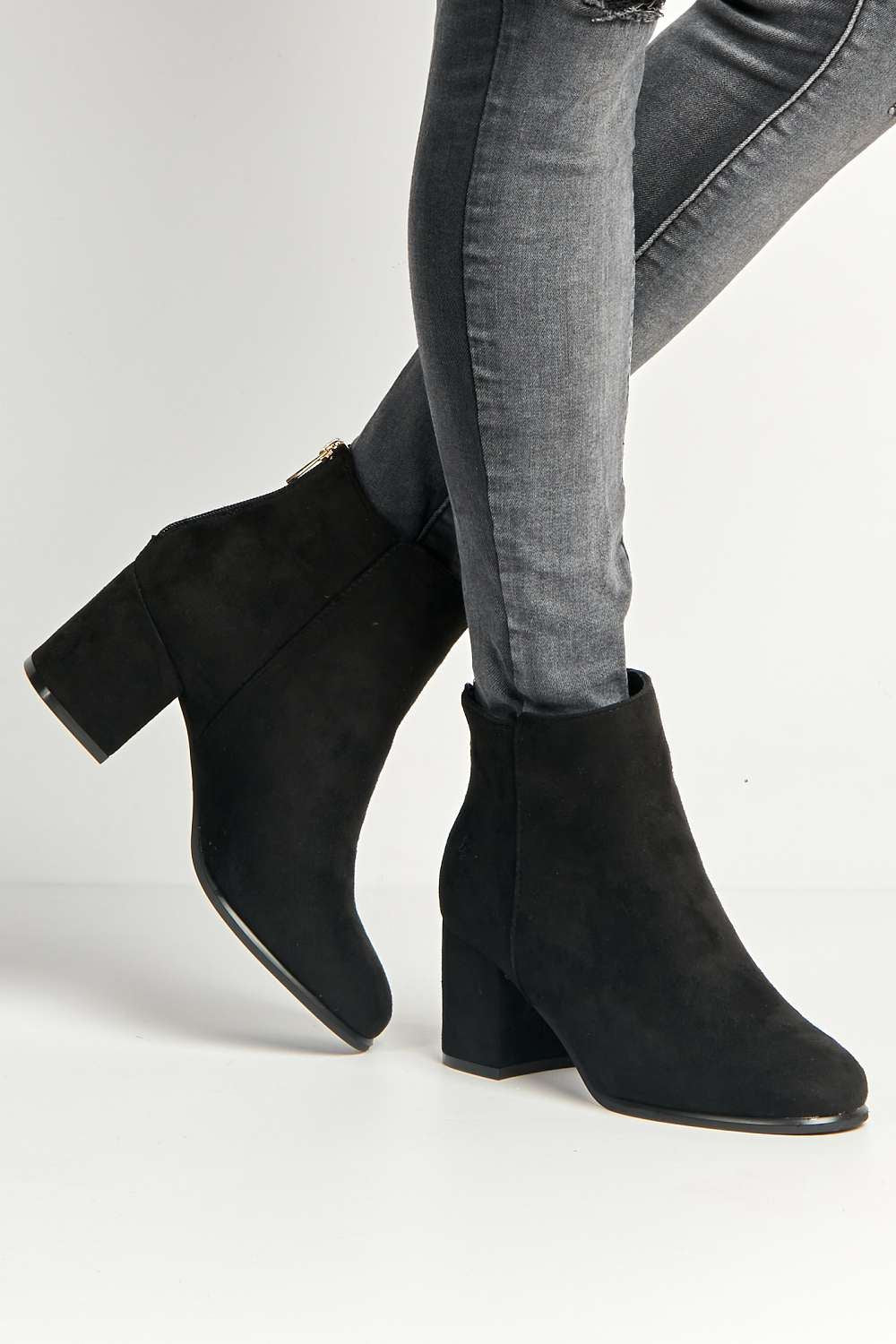 Airika Wide Fit Block Heel Ankle Boots in Black Suede