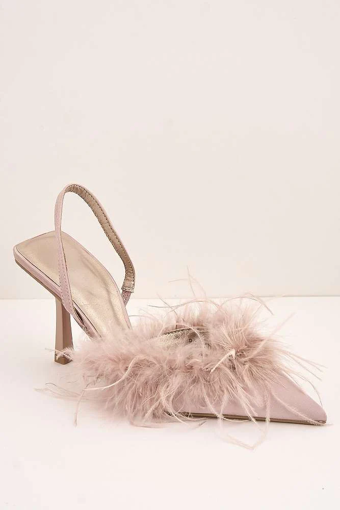 Aisla Pointed Toe Feather Slingback Court Shoes in Nude - Image 4