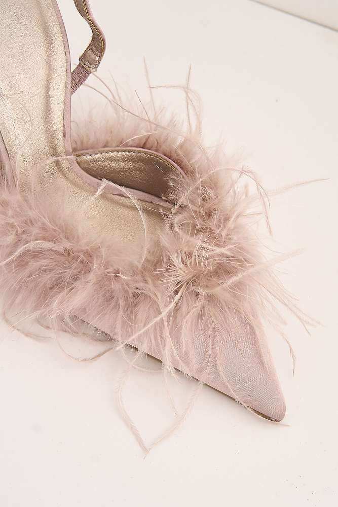 Aisla Pointed Toe Feather Slingback Court Shoes in Nude - Image 5