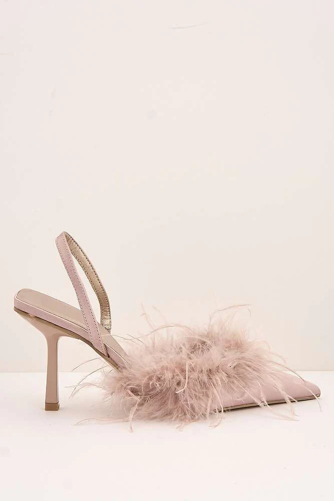 Aisla Pointed Toe Feather Slingback Court Shoes in Nude - Image 6