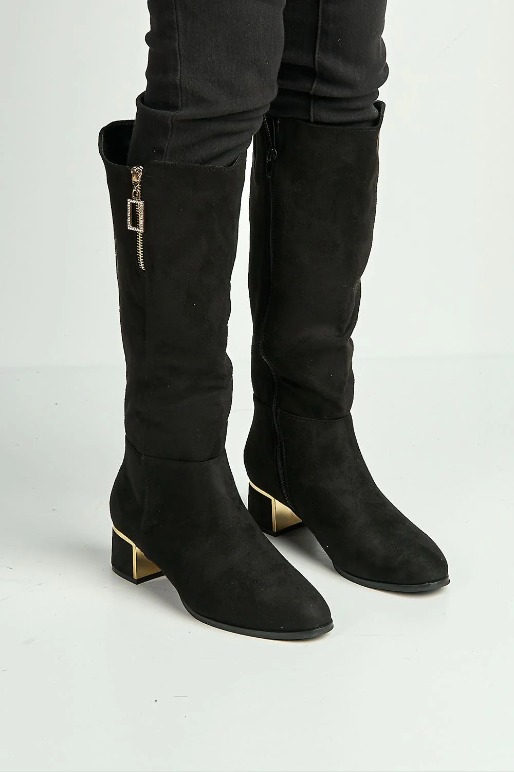 Akari Low Gold Trim Heel & Zip Calf Boots in Black