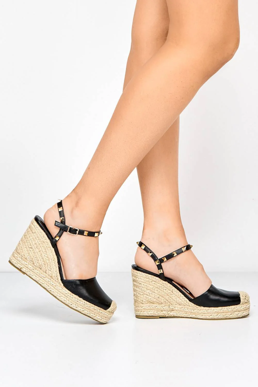 Alala Round Toe Studded Anklestrap Espadrille Wedge in Black - Image 2