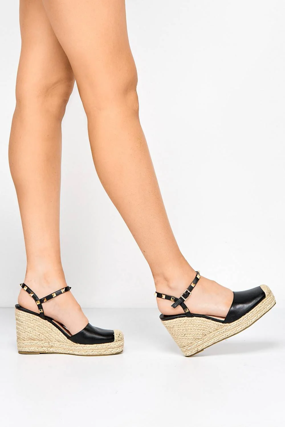 Alala Round Toe Studded Anklestrap Espadrille Wedge in Black - Image 3