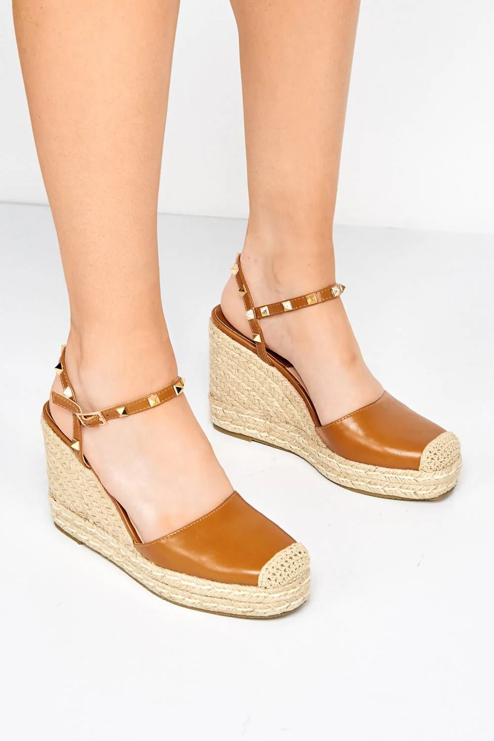 Alala Round Toe Studded Anklestrap Espadrille Wedge in Tan - Image 2