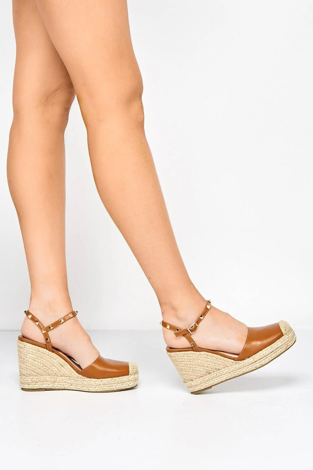 Alala Round Toe Studded Anklestrap Espadrille Wedge in Tan - Image 3