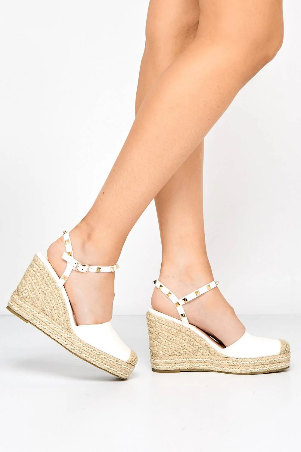 Alala Round Toe Studded Anklestrap Espadrille Wedge in White - Image 2
