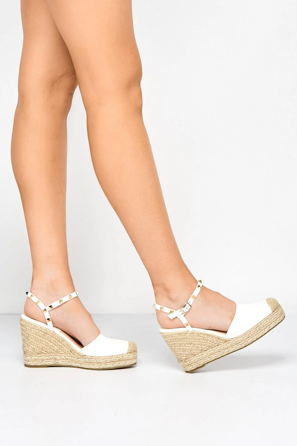Alala Round Toe Studded Anklestrap Espadrille Wedge in White - Image 3
