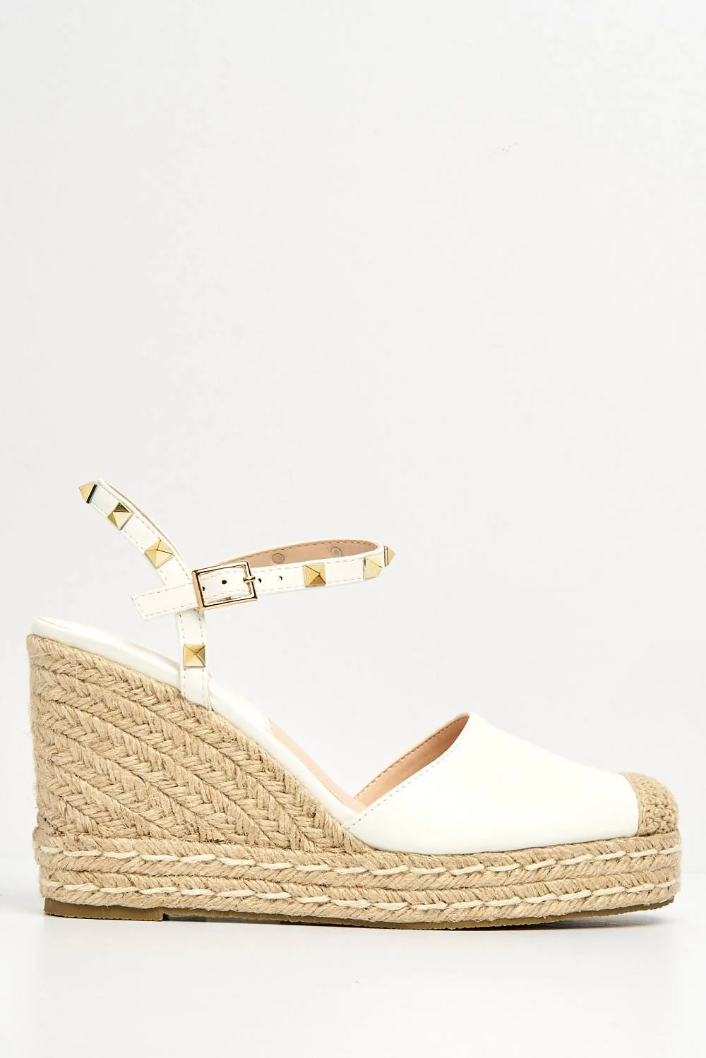 Alala Round Toe Studded Anklestrap Espadrille Wedge in White - Image 4