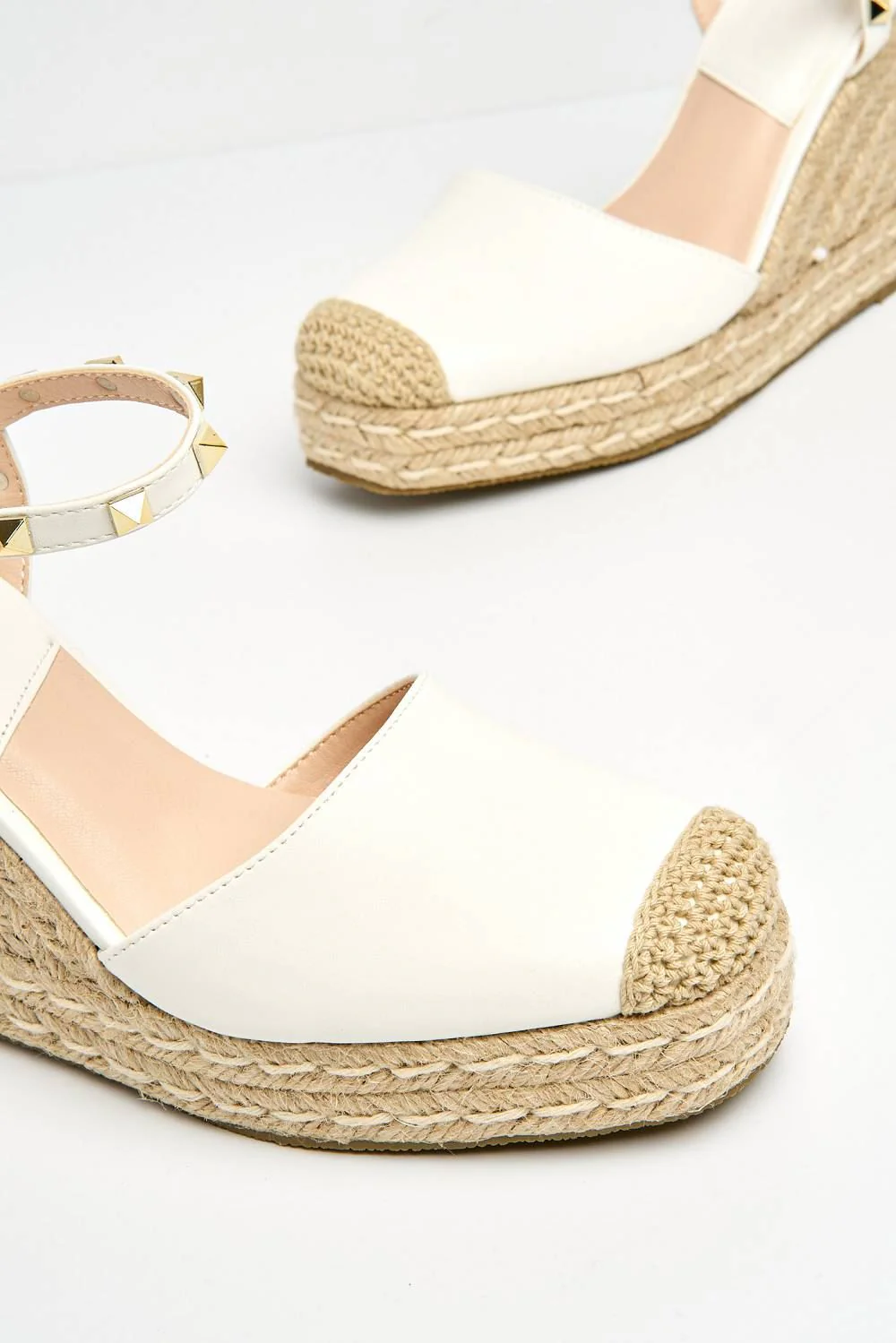 Alala Round Toe Studded Anklestrap Espadrille Wedge in White - Image 5