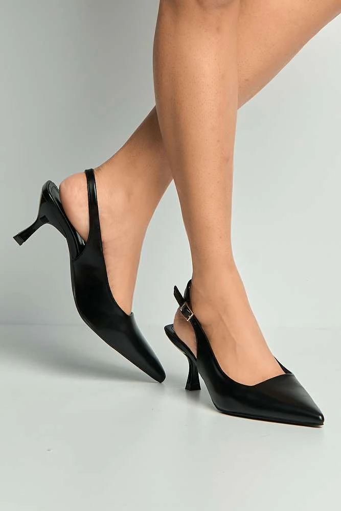Alleia Pointed Toe Low Heel Slingback Court Shoes in Black