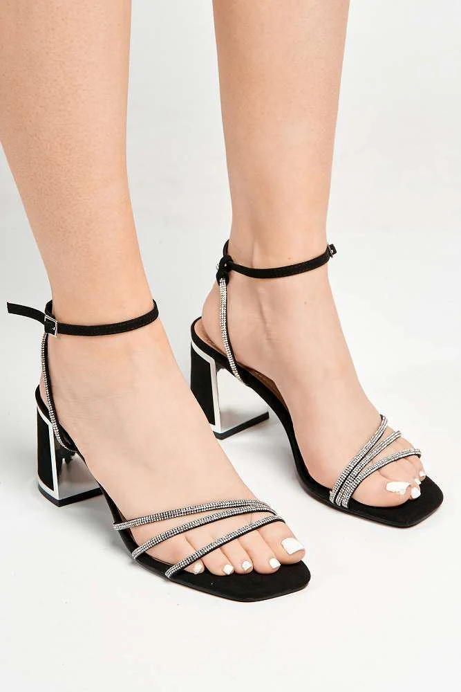 Alyanna Diamante Embellished Metallic Trim Block Heel Sandals in Black Suede - Image 3